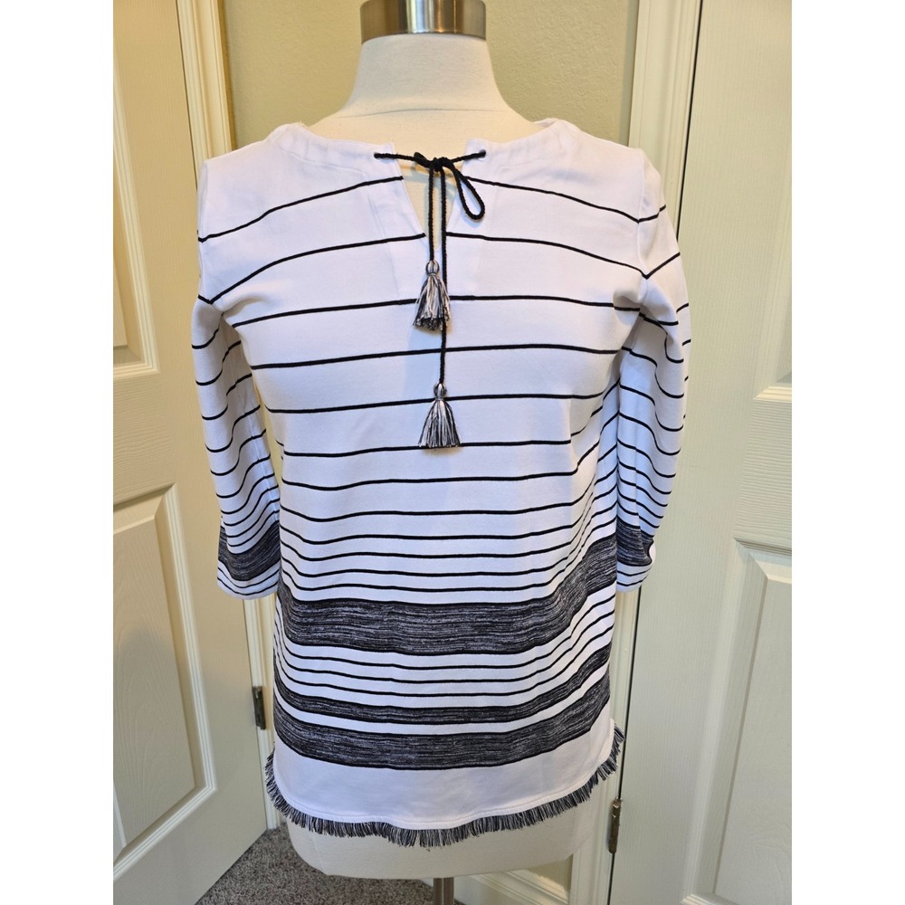 Talbots T-Shirt Womens Small Black Striped Tassel Fringe Hem Casual Resort Top
